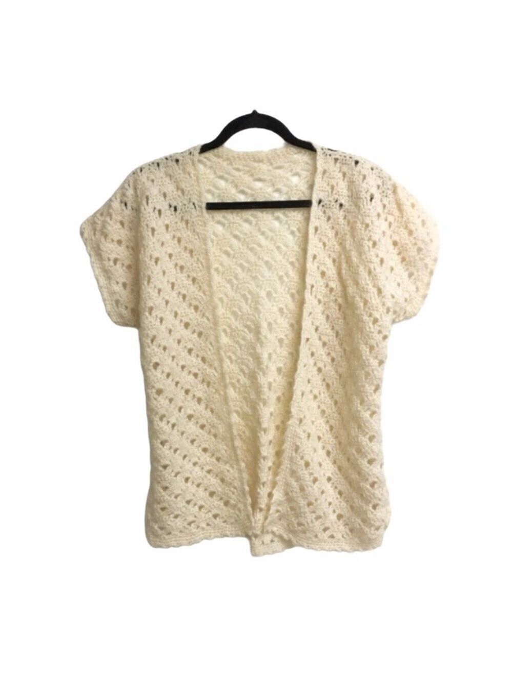 HAND KNIT Short Sleeve Open Cardigan Sweater Wrap Crochet Knit Cream M